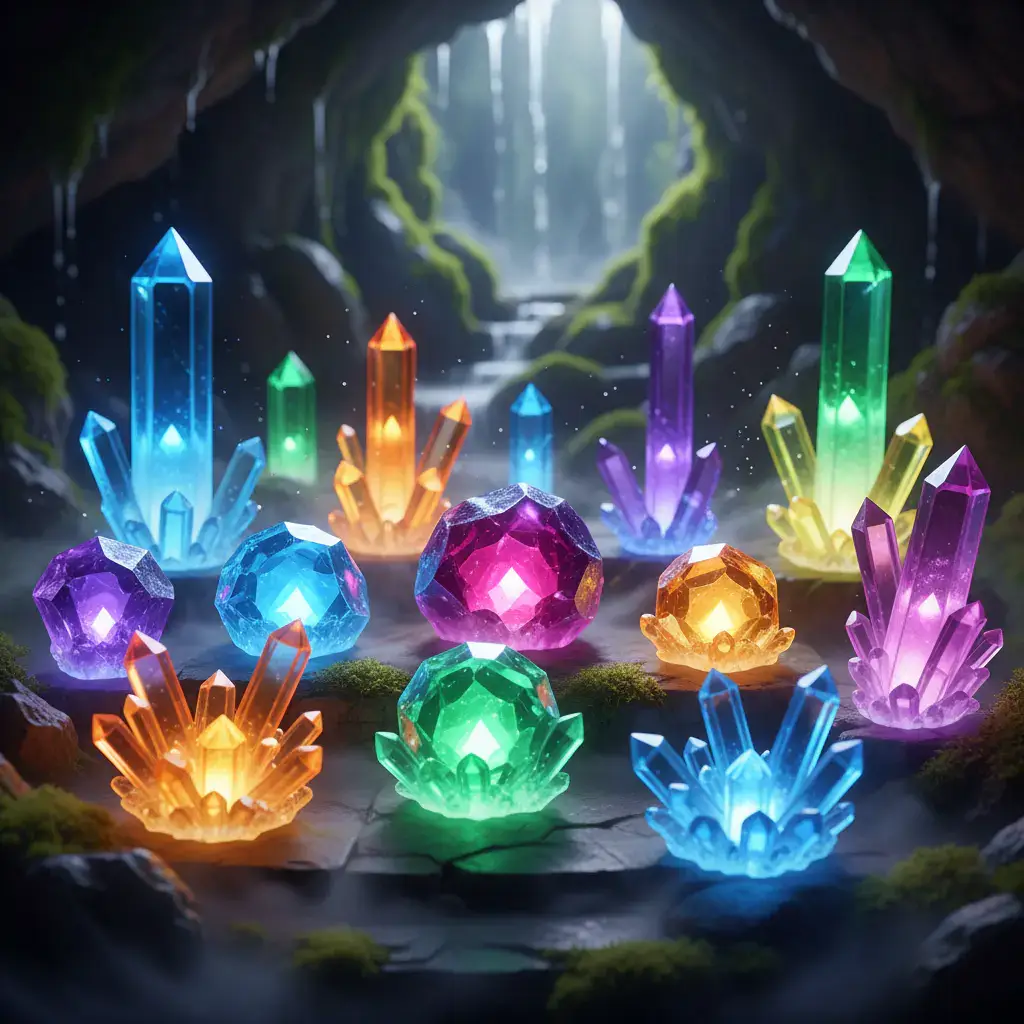 A collection of various glowing crystals