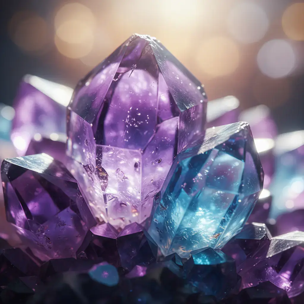 Extreme close-up of vibrant purple and blue crystals with a magical glowing effect