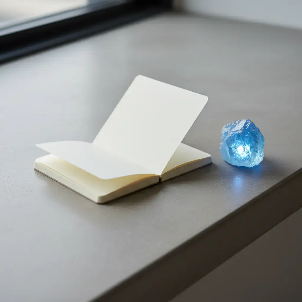 Open notebook next to glowing blue crystal