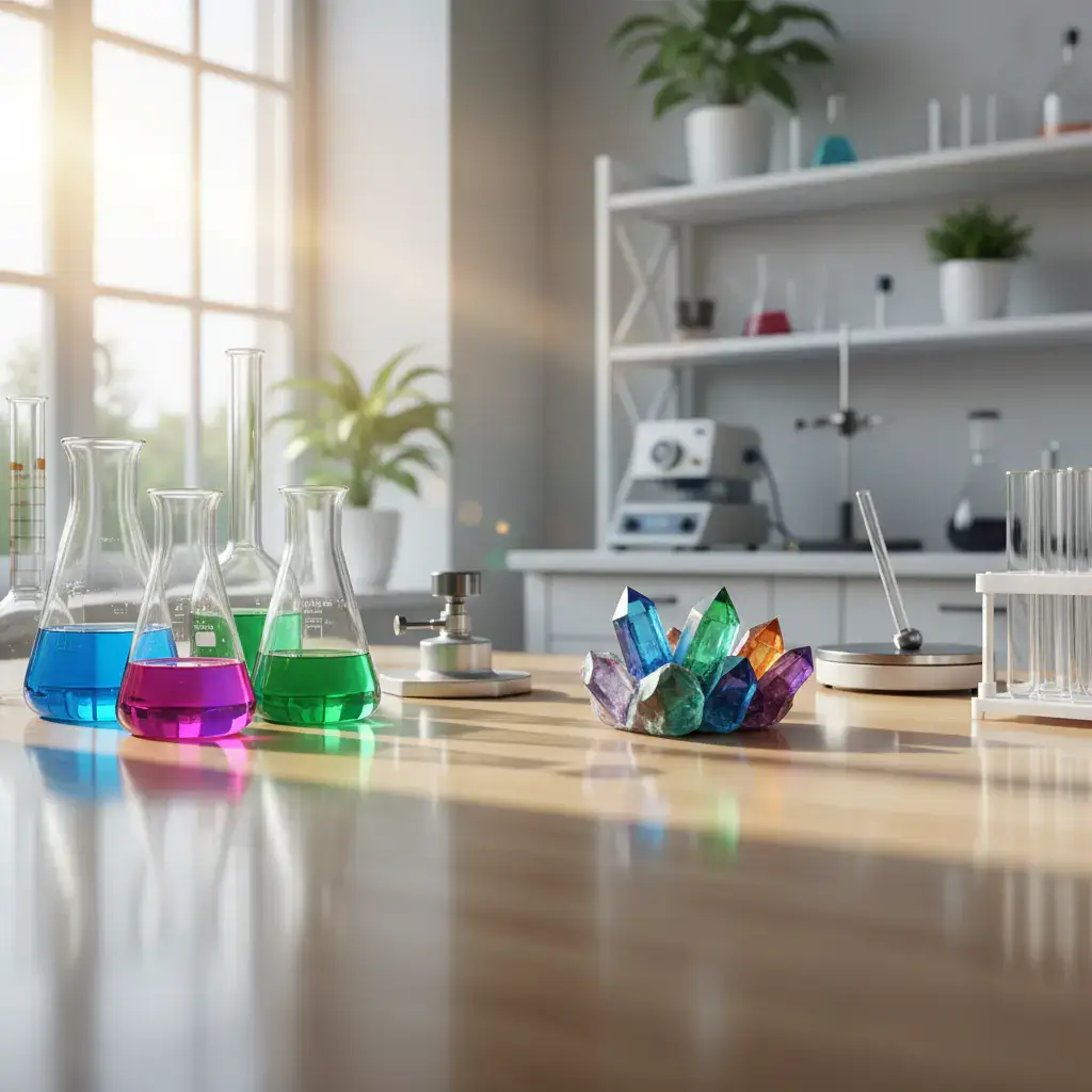Clean science desk with colorful glowing crystals