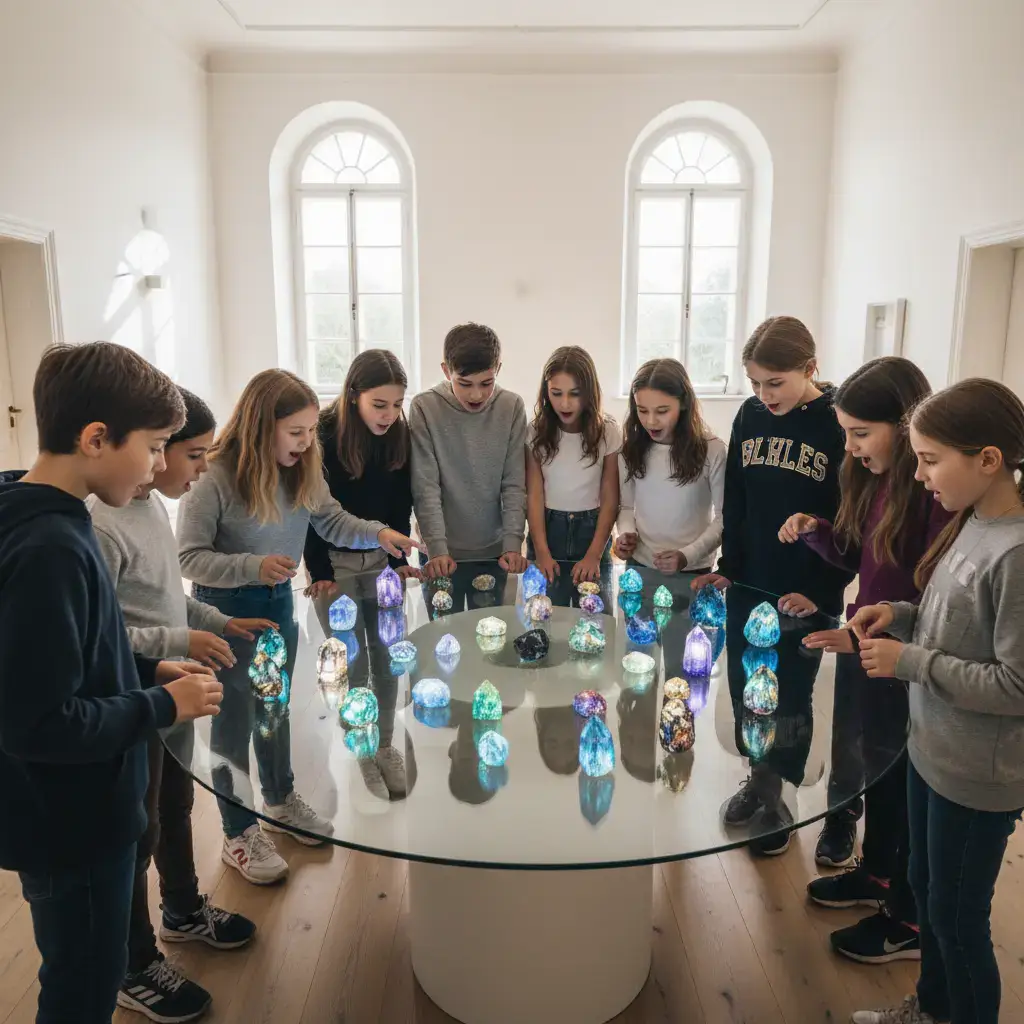 Children marveling at glowing crystals