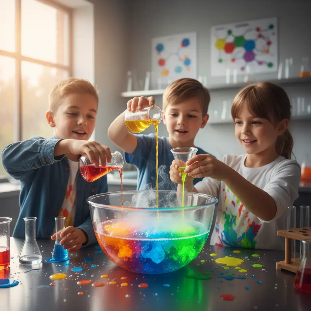 Kids mixing bright liquids