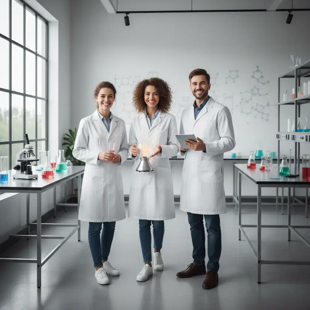 Smiling science educators in white lab coats