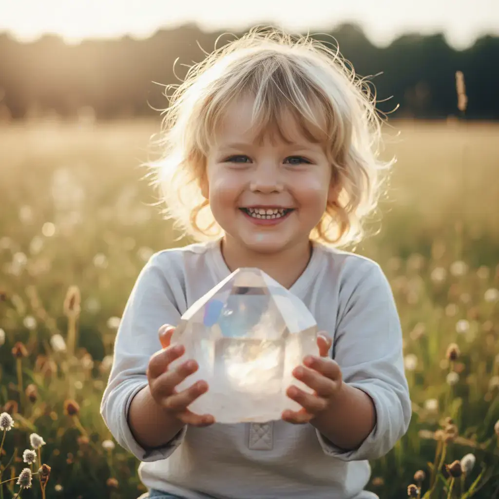 Happy child holding a large crystal